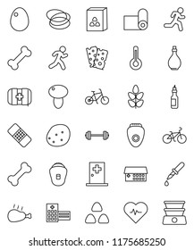 thin line vector icon set - oil vector, cereal, egg, mushroom, potato, chicken leg, barbell, heart pulse, bike, fitness mat, cereals, breads, first aid kit, bone, hoop, run, thermometer, dropper