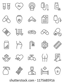 thin line vector icon set - water tap vector, liquid soap, house hold, heart pulse, pills vial, buttocks, monitor, no trolley, crutches, patch, blister, anamnesis, hospital bed, tomography, doctor