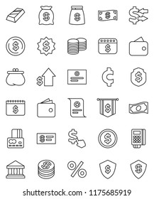 thin line vector icon set - certificate vector, bank, exchange, dollar coin, gold ingot, credit card, wallet, cash, growth, stack, medal, flag, shield, calendar, cursor, cent sign, money bag, reader