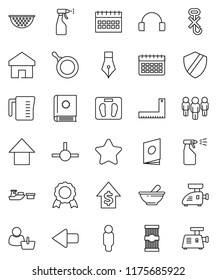 thin line vector icon set - sprayer vector, pan, colander, measuring cup, pasta, pen, corner ruler, medal, dollar growth, man, arrow up, calendar, scales, port, no hook, headphones, mortar, connect