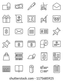 thin line vector icon set - cleaner trolley vector, toilet paper, book, pen, schedule, pin, certificate, document, exam, cash, receipt, dollar calendar, fitness mat, thumbtack, mail, plan, gift