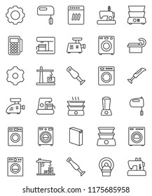 thin line vector icon set - washer vector, washing powder, mixer, double boiler, blender, tomography, gear, construction crane, card reader, dishwasher, coffee maker, meat grinder, sewing machine