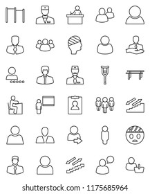 thin line vector icon set - blackboard vector, student, manager, man, personal information, horizontal bar, stairways run, client, speaking, group, doctor, crutches, head bandage, user, login