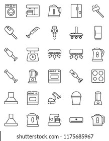 thin line vector icon set - vacuum cleaner vector, bucket, kettle, scales, oven, blender, air conditioner, fridge, washer, coffee maker, hood