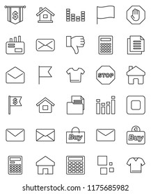 thin line vector icon set - calculator vector, flag, dollar, document, equalizer, finger down, mail, stop button, home, loading, house, buy, clothes