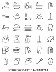 thin line vector icon set - soap vector, water tap, fetlock, mop, sponge, car, bath, toilet brush, liquid, paper, shower, sink, tooth, epilator