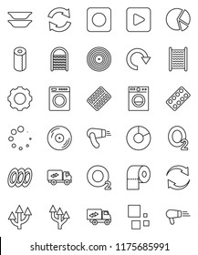 thin line vector icon set - washboard vector, toilet paper, plates, pie graph, oxygen, disk, play button, rec, pills blister, gear, refresh, redo, loading, route arrow, relocation truck, washer