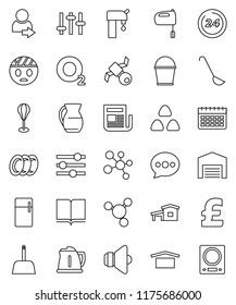 thin line vector icon set - scoop vector, bucket, plates, kettle, ladle, mixer, jug, cereal, book, molecule, pound, punching bag, calendar, oxygen, satellite, dry cargo, newspaper, speaker, settings