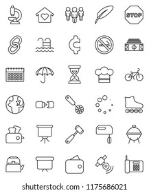 thin line vector icon set - kettle vector, cook hat, skimmer, meat hammer, bbq, pen, presentation, world, man, sand clock, board, cent sign, stadium, bike, roller Skates, calendar, pool, no smoking