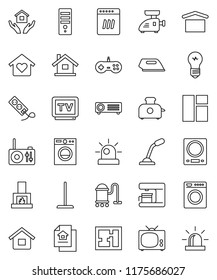 thin line vector icon set - vacuum cleaner vector, mop, house hold, dry cargo, tv, plan, estate document, love home, iron, washer, dishwasher, siren, coffee maker, meat grinder, toaster, computer