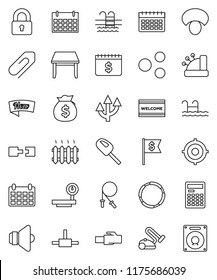 thin line vector icon set - welcome mat vector, mushroom, calculator, money bag, target, dollar flag, calendar, jump rope, pool, hoop, big scales, speaker, connect, lan connector, share, route arrow