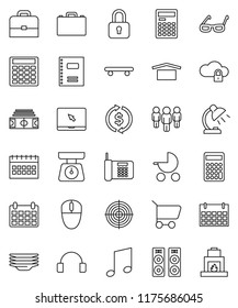 thin line vector icon set - plates vector, scales, copybook, glasses, case, table lamp, calculator, music, exchange, man, calendar, stadium, skateboard, target, dry cargo, headphones, notebook pc