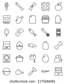 thin line vector icon set - pan vector, camping cauldron, scales, cook glove, timer, skimmer, spatula, meat hammer, cutting board, mixer, oven, double boiler, cookbook, blender, jar, cereal, egg