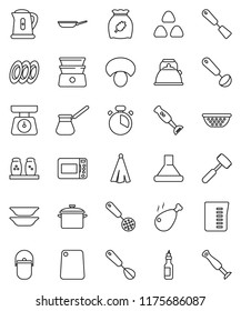 thin line vector icon set - pan vector, camping cauldron, kettle, colander, measuring cup, scales, towel, cook timer, whisk, skimmer, spatula, ladle, meat hammer, cutting board, turk coffee, spices