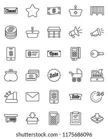 thin line vector icon set - credit card vector, dollar coin, wallet, cash, star, sale, open, closed, 24 hour, market, barcode, reader, cashbox, basket, shopping list, mail, loudspeaker, check