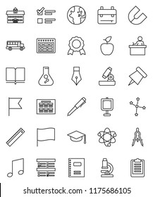 thin line vector icon set - book vector, copybook, graduate hat, pen, university, ruler, drawing compass, student, backpack, apple fruit, atom, microscope, schedule, paper pin, medal, magnet, music