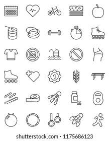 thin line vector icon set - diet vector, barbell, measuring, heart pulse, stopwatch, pills vial, bike, weight, horizontal bar, fitball, buttocks, t shirt, roller Skates, medal, sports nutrition
