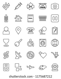thin line vector icon set - map pin vector, plane, phone 24, clipboard, glass, no trolley, satellite antenna, camera, microphone, remote control, speaker, pause button, disabled, heart cross, hub