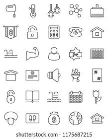 thin line vector icon set - window cleaning vector, welcome mat, mixer, thermometer, bbq, mushroom, book, schedule, certificate, world, money bag, dollar flag, calendar, muscule hand, molecule, pool