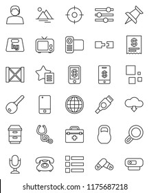 thin line vector icon set - phone vector, support, wood box, weight, tv, video camera, microphone, mobile, thumbtack, hdmi, doctor bag, stethoscope, pills, equalizer, favorites, cloud download, key
