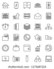thin line vector icon set - hand mill vector, calculator, alarm clock, schedule, abacus, archive, wallet, percent growth, personal information, tie, boxing glove, enegry drink, phone, document, mail
