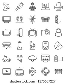 thin line vector icon set - magnet vector, laptop graph, heart monitor, satellite antenna, tv, gamepad, notebook pc, speaker, rca, hdmi, microscope, diagnostic, server, hub, lan connector, windmill