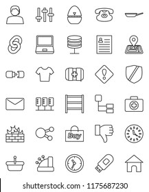 thin line vector icon set - pan vector, cook timer, personal information, t shirt, first aid kit, navigator, support, clock, protected, shelving, settings, notebook pc, classic phone, social media