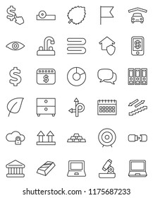 thin line vector icon set - towel vector, water tap, microscope, notebook pc, archive, flag, leaf, bank, gold ingot, pie graph, target, binder, dollar calendar, cursor, sign, stairways run, route