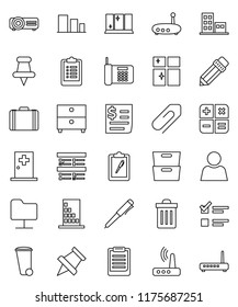 thin line vector icon set - trash bin vector, shining window, pencil, pen, clipboard, paper pin, archive, exam, case, receipt, sorting, thumbtack, medical room, network folder, router, attachment