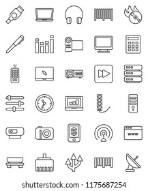 thin line vector icon set - pen vector, laptop graph, clock, barcode, music hit, antenna, equalizer, remote control, headphones, notebook pc, forward button, hdmi, big data, browser, lan connector