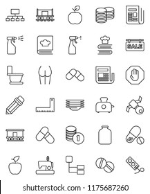 thin line vector icon set - toilet vector, sprayer, plates, cookbook, jar, pencil, corner ruler, apple fruit, coin stack, hierarchy, buttocks, pills, Railway carriage, satellite, newspaper, stop
