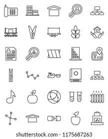 thin line vector icon set - clothespin vector, house hold, apple fruit, music, constellation, personal information, hierarchy, cereals, navigator, Railway carriage, phone, truck trailer, port, vial