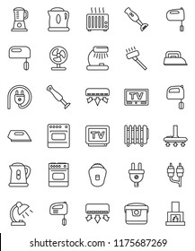 thin line vector icon set - vacuum cleaner vector, kettle, mixer, blender, table lamp, tv, rca, air conditioner, power plug, iron, multi cooker, oven, epilator, fan, heater, fireplace