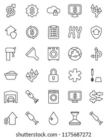 thin line vector icon set - scraper vector, water drop, car fetlock, toilet brush, washer, foam basin, blender, exchange, dollar growth, medal, monitor, route, internet, ambulance star, gender sign