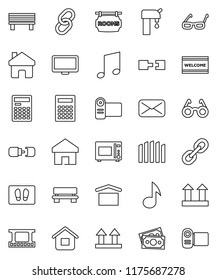 thin line vector icon set - welcome mat vector, microwave oven, glasses, calculator, music, money, dry cargo, top sign, film frame, monitor, link, mail, home, bench, connection, water supply, fence