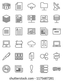 thin line vector icon set - pen vector, notebook pc, document, personal information, laptop graph, binder, no smoking, signpost, attention, satellite antenna, newspaper, network folder, server