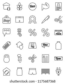 thin line vector icon set - jar vector, pen, medal, personal information, muscule hand, shorts, cereals, no hook, weight, barcode, message, low price signboard, smart home, protect, new, open, buy