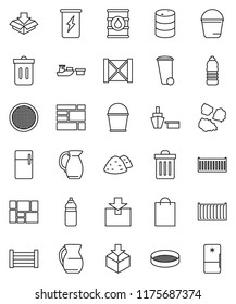 thin line vector icon set - bucket vector, trash bin, garbage pile, jug, sieve, enegry drink, water bottle, sea container, port, wood box, consolidated cargo, package, oil barrel, shopping bag