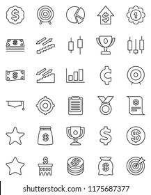 thin line vector icon set - graduate hat vector, clipboard, award cup, certificate, graph, pie, japanese candle, dollar growth, bank building, target, medal, cent sign, stairways run, favorites