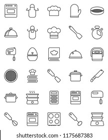 thin line vector icon set - pan vector, cook hat, apron, glove, timer, whisk, spatula, knife, grater, oven, cookbook, sieve, dish, mixer, multi cooker, double boiler