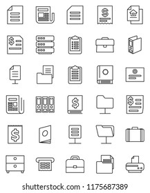 thin line vector icon set - case vector, certificate, document, archive, annual report, binder, clipboard, receipt, newspaper, network folder, big data, estate, catalog, printer