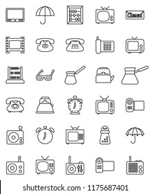 thin line vector icon set - kettle vector, hand mill, turk coffee, glasses, alarm clock, abacus, phone, umbrella, film frame, radio, tv, classic, closed, video camera
