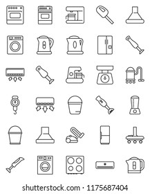 thin line vector icon set - vacuum cleaner vector, bucket, kettle, scales, oven, blender, air conditioner, fridge, washer, coffee maker, hood