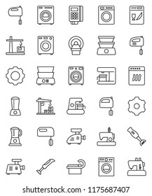thin line vector icon set - washer vector, mixer, double boiler, blender, tomography, gear, construction crane, card reader, dishwasher, coffee maker, meat grinder, sewing machine