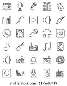 thin line vector icon set - bell vector, music, disk, hit, microphone, radio, speaker, equalizer, headphones, play button, backward, rec, jack