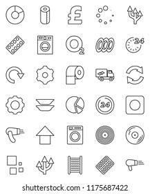thin line vector icon set - washboard vector, toilet paper, plates, pie graph, arrow up, pound, oxygen, disk, rec button, pills blister, gear, refresh, redo, loading, route, relocation truck, washer