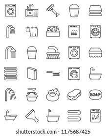 thin line vector icon set - soap vector, scraper, fetlock, bucket, sponge, towel, bath, drying clothes, washer, washing powder, shower, sink, dishwasher