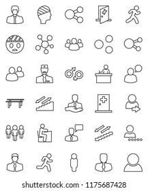 thin line vector icon set - student vector, manager, man, horizontal bar, stairways run, client, speaking, social media, group, gender sign, head bandage, medical room, doctor, share, login