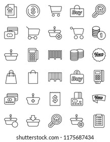 thin line vector icon set - dollar coin vector, cart, credit card, stack, receipt, estate document, search, new, shopping bag, buy, barcode, reader, basket, list