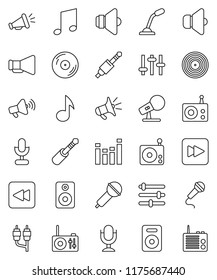 thin line vector icon set - music vector, disk, microphone, radio, speaker, loudspeaker, settings, equalizer, forward button, backward, rca, jack